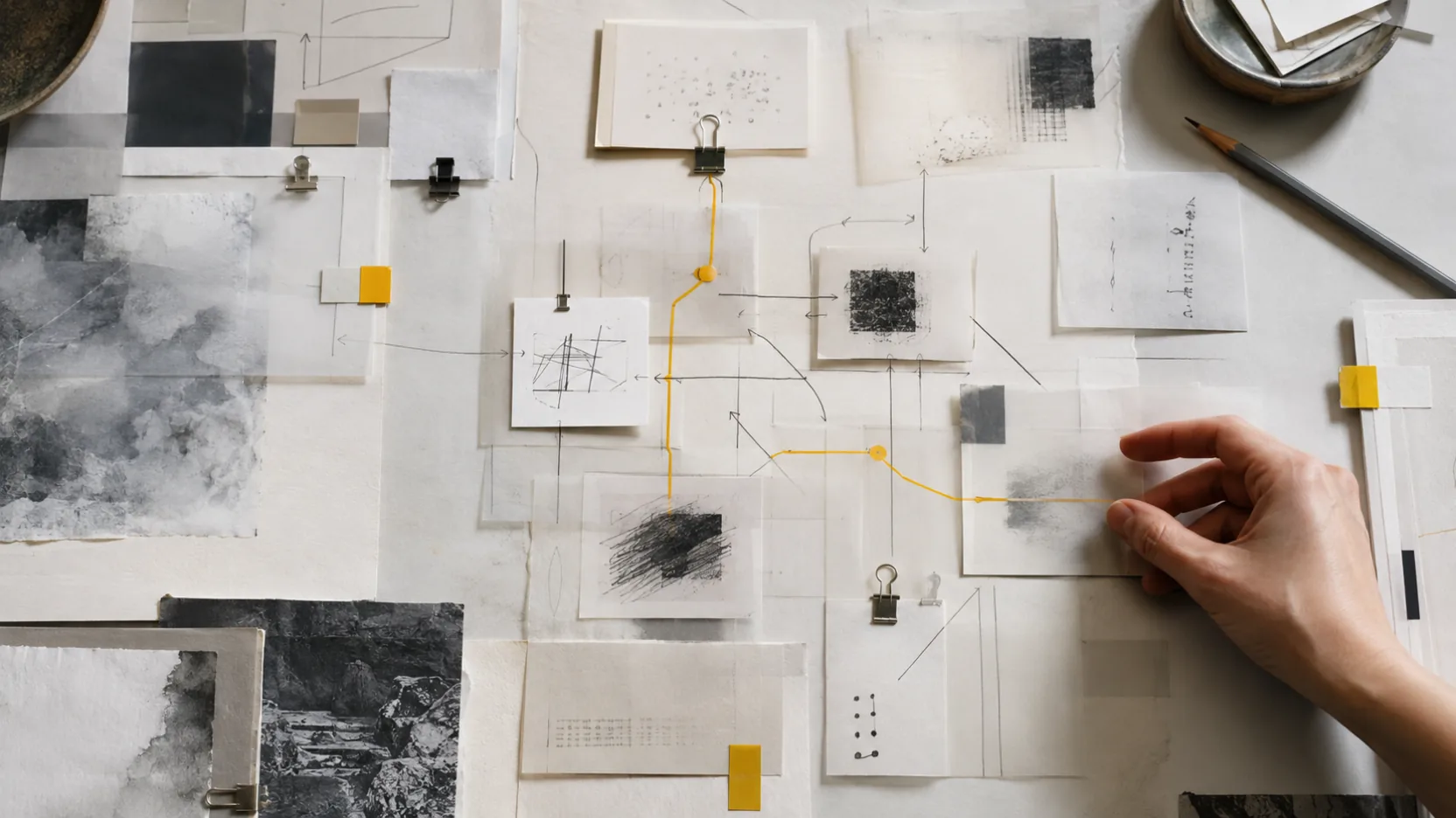 A hand tracing a yellow route through layered evidence and diagrams.